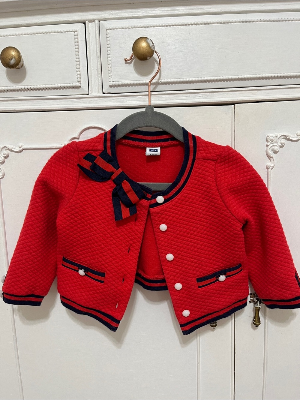 Janie and Jack Red Quilted Bow-Accent Cardigan with Navy Trim